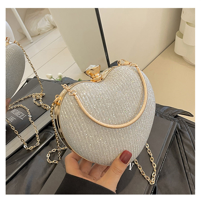 Ladies Fashion Shining Chain Crossbody Bag, Elegant Shoulder Heart Shaped, Metal Embellished, Black, with Buckle Closure, for Party, Wedding, Date